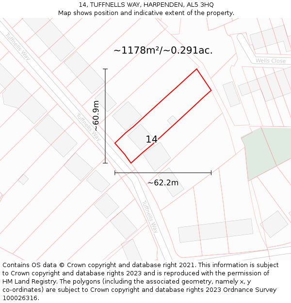 14, TUFFNELLS WAY, HARPENDEN, AL5 3HQ: Plot and title map