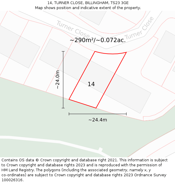 14, TURNER CLOSE, BILLINGHAM, TS23 3GE: Plot and title map