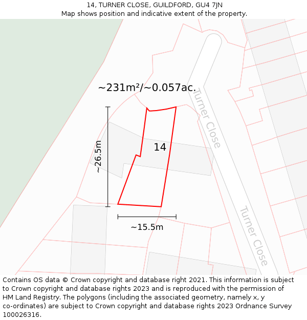 14, TURNER CLOSE, GUILDFORD, GU4 7JN: Plot and title map