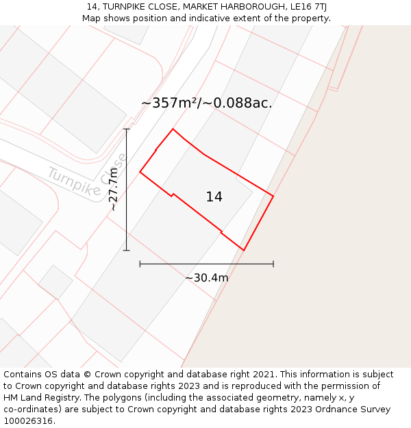 14, TURNPIKE CLOSE, MARKET HARBOROUGH, LE16 7TJ: Plot and title map