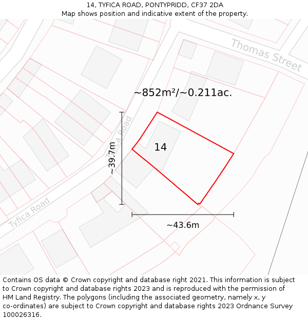 14, TYFICA ROAD, PONTYPRIDD, CF37 2DA: Plot and title map