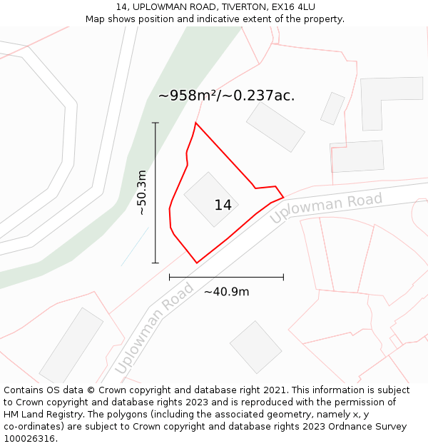 14, UPLOWMAN ROAD, TIVERTON, EX16 4LU: Plot and title map