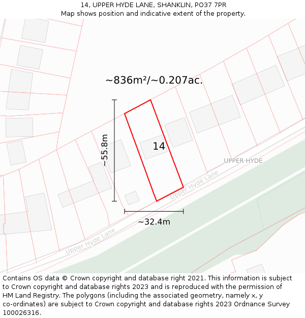 14, UPPER HYDE LANE, SHANKLIN, PO37 7PR: Plot and title map