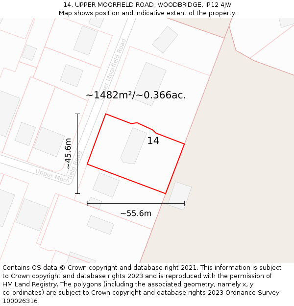 14, UPPER MOORFIELD ROAD, WOODBRIDGE, IP12 4JW: Plot and title map