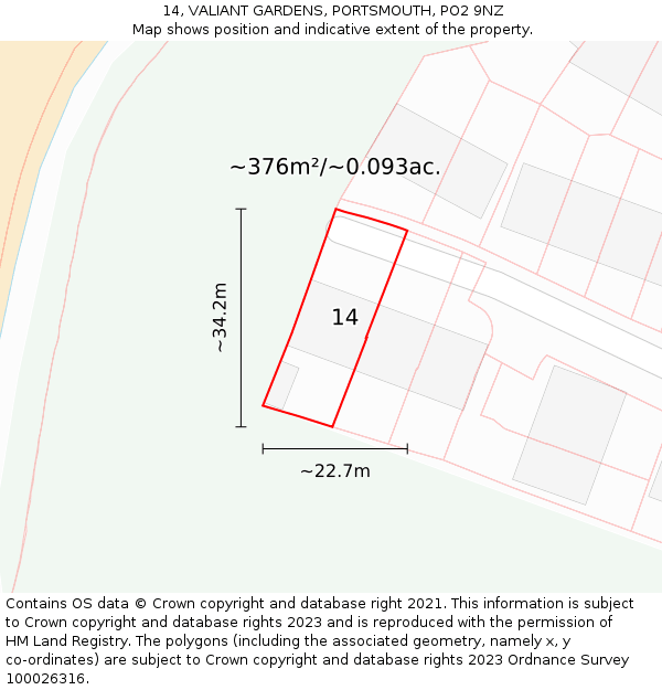 14, VALIANT GARDENS, PORTSMOUTH, PO2 9NZ: Plot and title map