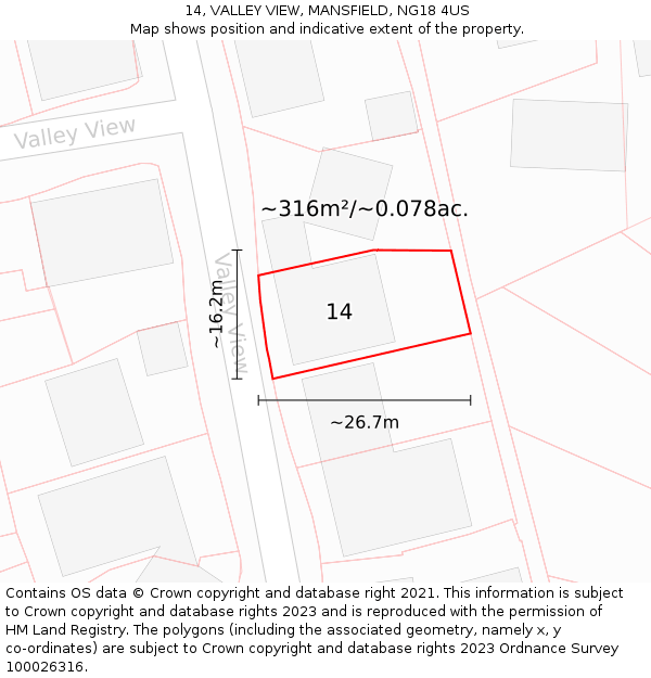 14, VALLEY VIEW, MANSFIELD, NG18 4US: Plot and title map