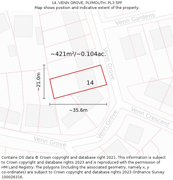 14, VENN GROVE, PLYMOUTH, PL3 5PF: Plot and title map