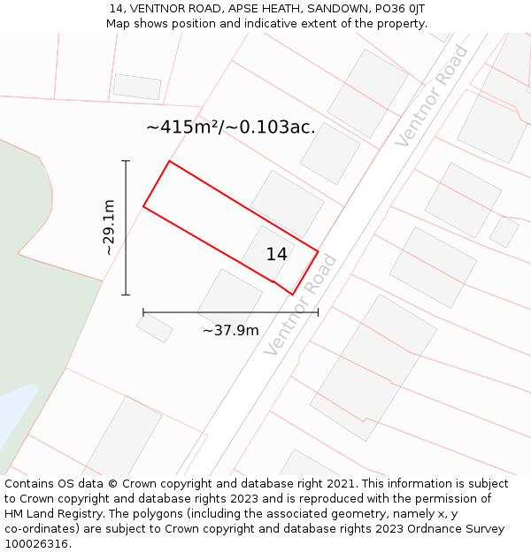 14, VENTNOR ROAD, APSE HEATH, SANDOWN, PO36 0JT: Plot and title map