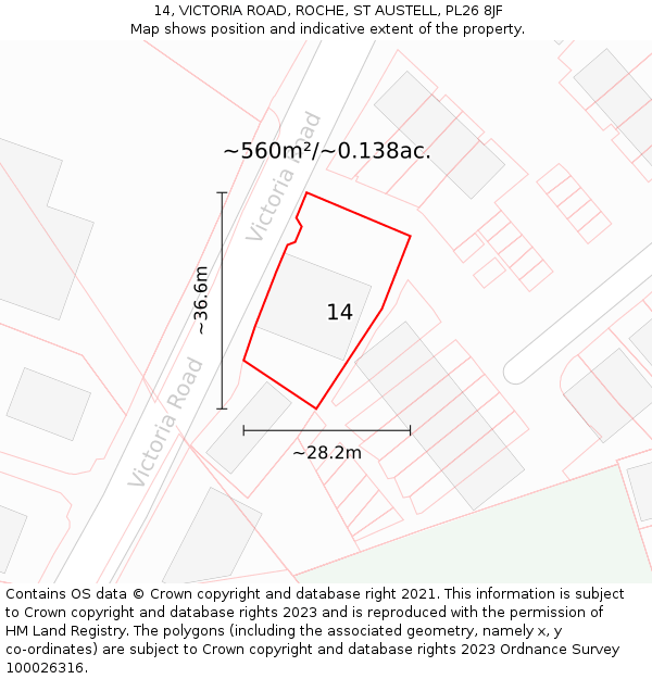 14, VICTORIA ROAD, ROCHE, ST AUSTELL, PL26 8JF: Plot and title map