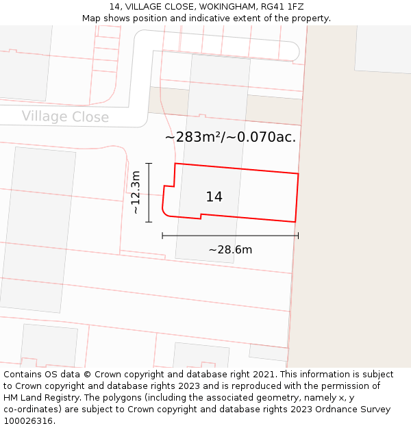 14, VILLAGE CLOSE, WOKINGHAM, RG41 1FZ: Plot and title map