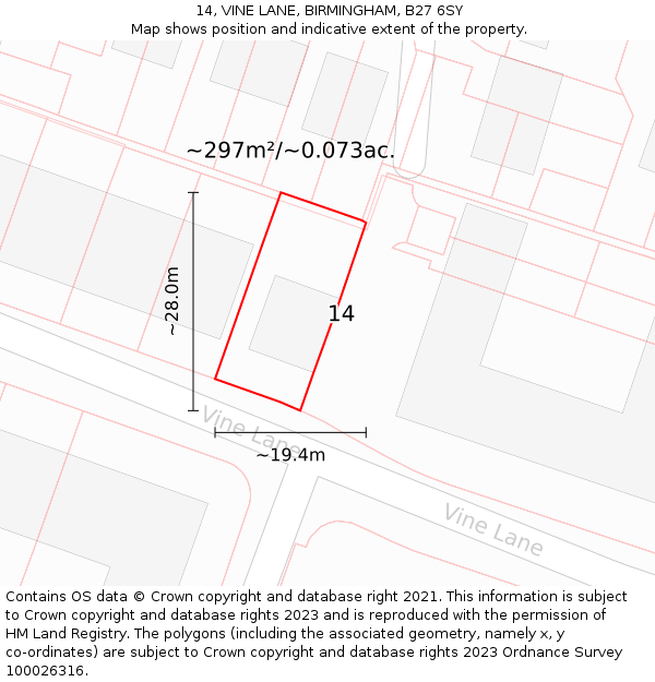 14, VINE LANE, BIRMINGHAM, B27 6SY: Plot and title map