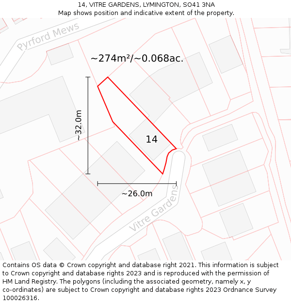 14, VITRE GARDENS, LYMINGTON, SO41 3NA: Plot and title map