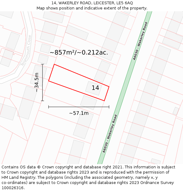 14, WAKERLEY ROAD, LEICESTER, LE5 6AQ: Plot and title map