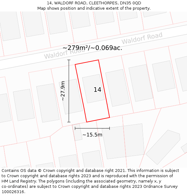 14, WALDORF ROAD, CLEETHORPES, DN35 0QD: Plot and title map