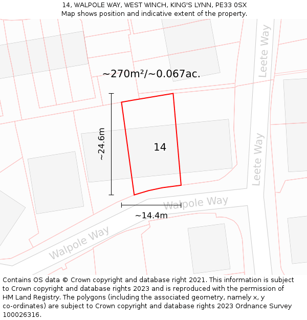 14, WALPOLE WAY, WEST WINCH, KING'S LYNN, PE33 0SX: Plot and title map