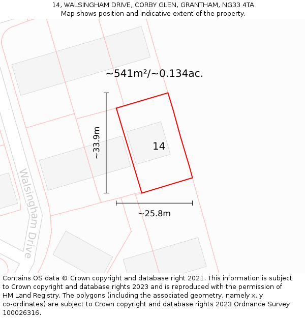 14, WALSINGHAM DRIVE, CORBY GLEN, GRANTHAM, NG33 4TA: Plot and title map