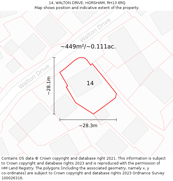 14, WALTON DRIVE, HORSHAM, RH13 6RQ: Plot and title map