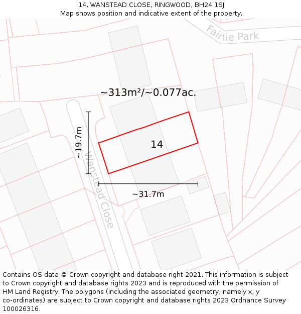 14, WANSTEAD CLOSE, RINGWOOD, BH24 1SJ: Plot and title map