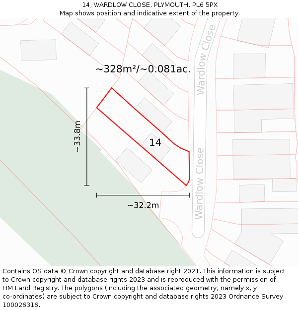 14, WARDLOW CLOSE, PLYMOUTH, PL6 5PX: Plot and title map