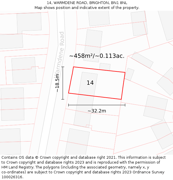 14, WARMDENE ROAD, BRIGHTON, BN1 8NL: Plot and title map