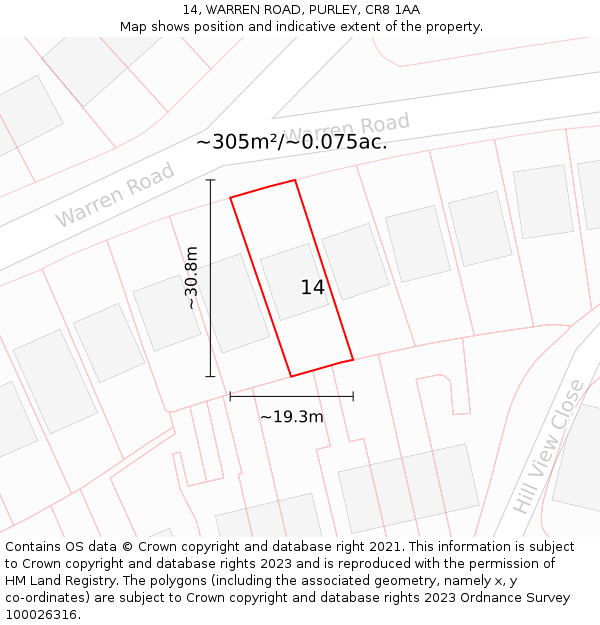 14, WARREN ROAD, PURLEY, CR8 1AA: Plot and title map