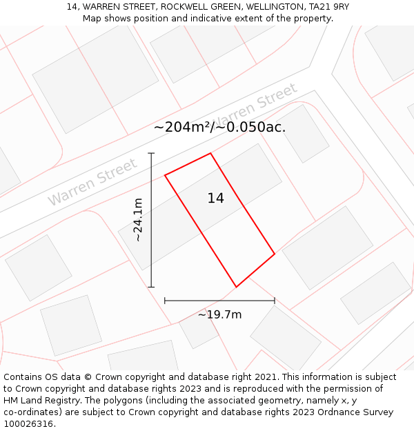 14, WARREN STREET, ROCKWELL GREEN, WELLINGTON, TA21 9RY: Plot and title map