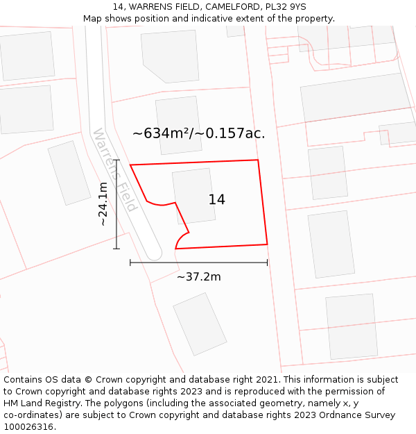 14, WARRENS FIELD, CAMELFORD, PL32 9YS: Plot and title map