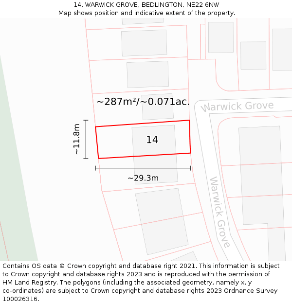 14, WARWICK GROVE, BEDLINGTON, NE22 6NW: Plot and title map