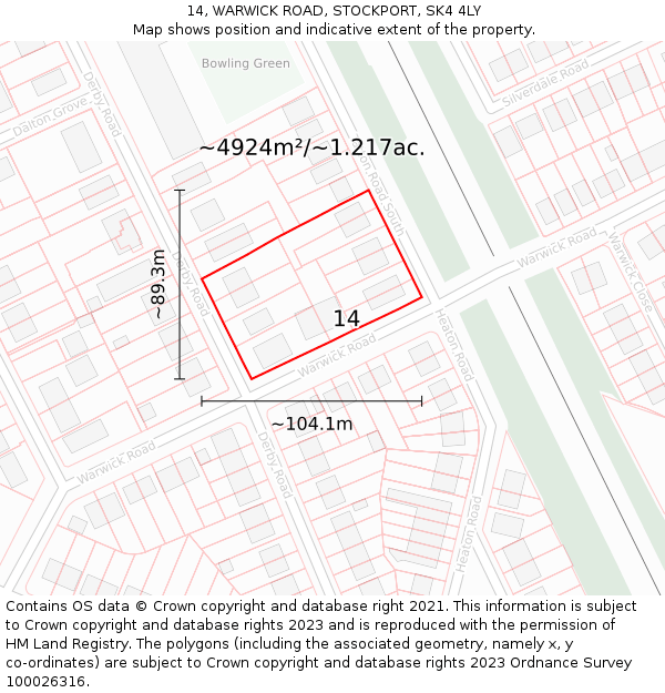 14, WARWICK ROAD, STOCKPORT, SK4 4LY: Plot and title map