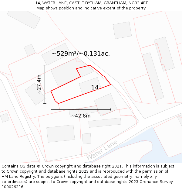 14, WATER LANE, CASTLE BYTHAM, GRANTHAM, NG33 4RT: Plot and title map