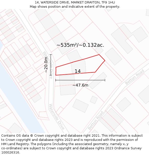 14, WATERSIDE DRIVE, MARKET DRAYTON, TF9 1HU: Plot and title map