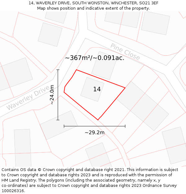 14, WAVERLEY DRIVE, SOUTH WONSTON, WINCHESTER, SO21 3EF: Plot and title map