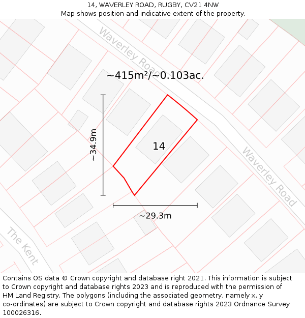 14, WAVERLEY ROAD, RUGBY, CV21 4NW: Plot and title map