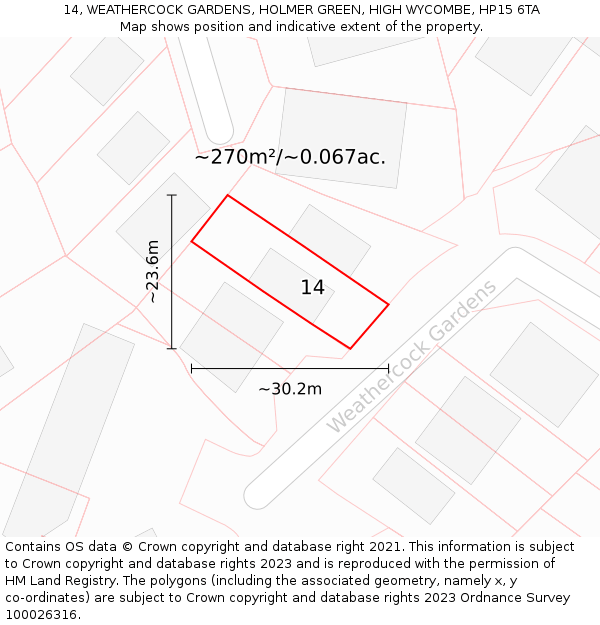 14, WEATHERCOCK GARDENS, HOLMER GREEN, HIGH WYCOMBE, HP15 6TA: Plot and title map