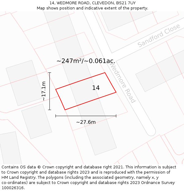 14, WEDMORE ROAD, CLEVEDON, BS21 7UY: Plot and title map