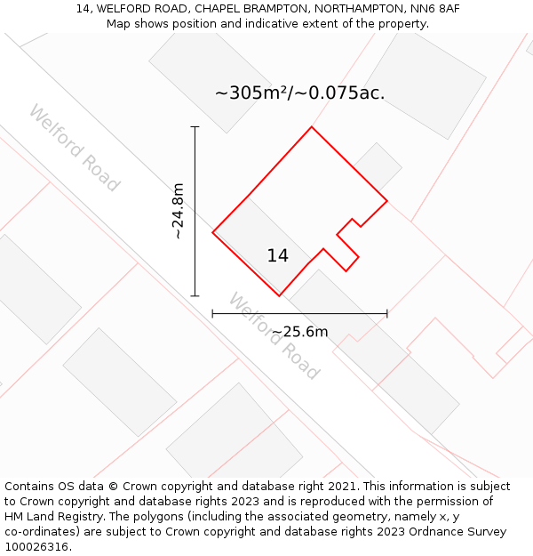 14, WELFORD ROAD, CHAPEL BRAMPTON, NORTHAMPTON, NN6 8AF: Plot and title map