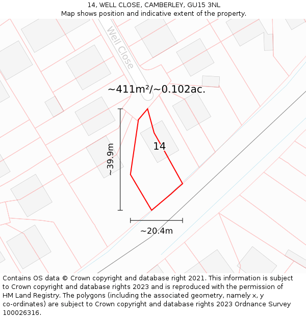 14, WELL CLOSE, CAMBERLEY, GU15 3NL: Plot and title map