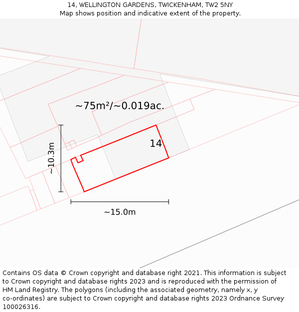 14, WELLINGTON GARDENS, TWICKENHAM, TW2 5NY: Plot and title map