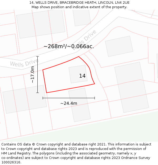 14, WELLS DRIVE, BRACEBRIDGE HEATH, LINCOLN, LN4 2UE: Plot and title map