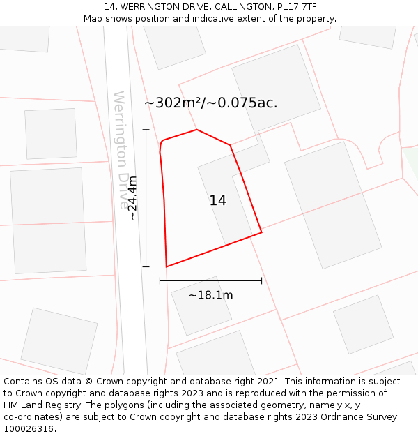 14, WERRINGTON DRIVE, CALLINGTON, PL17 7TF: Plot and title map