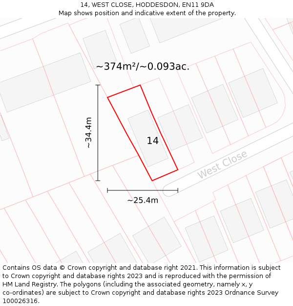 14, WEST CLOSE, HODDESDON, EN11 9DA: Plot and title map