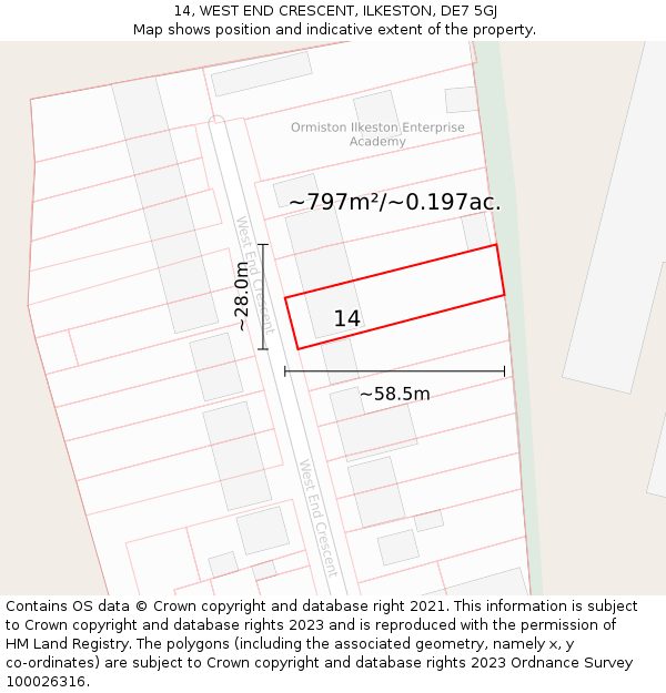 14, WEST END CRESCENT, ILKESTON, DE7 5GJ: Plot and title map