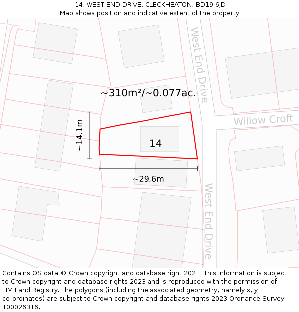 14, WEST END DRIVE, CLECKHEATON, BD19 6JD: Plot and title map