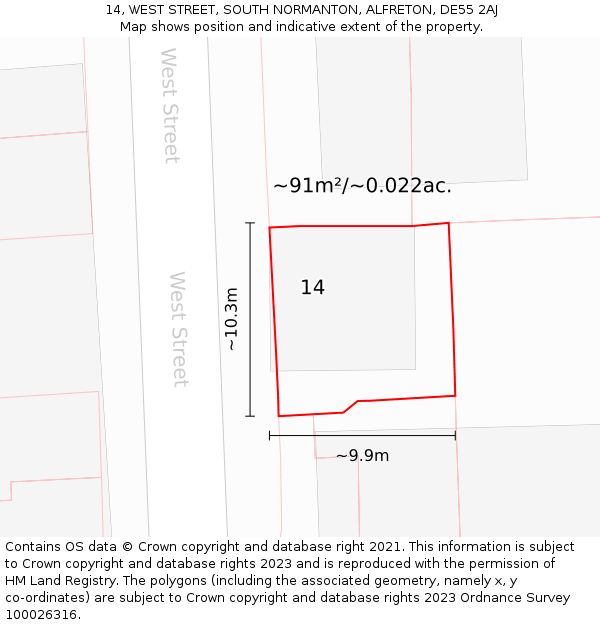 14, WEST STREET, SOUTH NORMANTON, ALFRETON, DE55 2AJ: Plot and title map