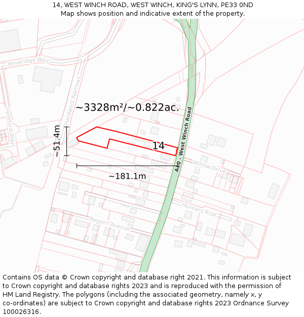 14, WEST WINCH ROAD, WEST WINCH, KING'S LYNN, PE33 0ND: Plot and title map