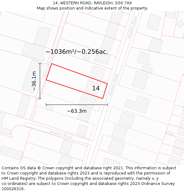 14, WESTERN ROAD, RAYLEIGH, SS6 7AX: Plot and title map