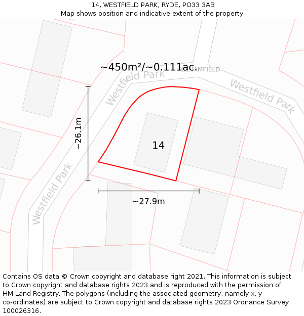 14, WESTFIELD PARK, RYDE, PO33 3AB: Plot and title map
