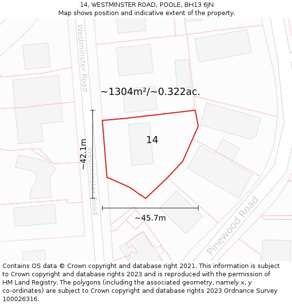 14, WESTMINSTER ROAD, POOLE, BH13 6JN: Plot and title map