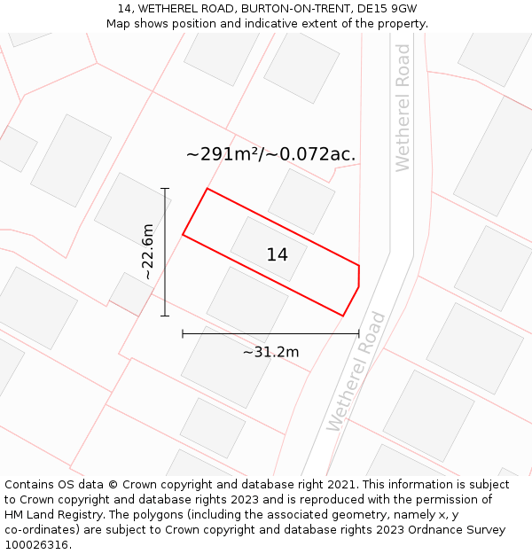 14, WETHEREL ROAD, BURTON-ON-TRENT, DE15 9GW: Plot and title map