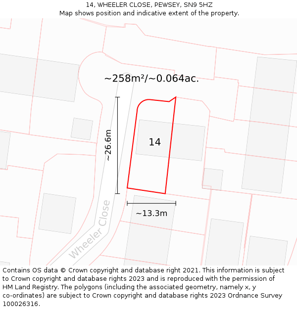 14, WHEELER CLOSE, PEWSEY, SN9 5HZ: Plot and title map